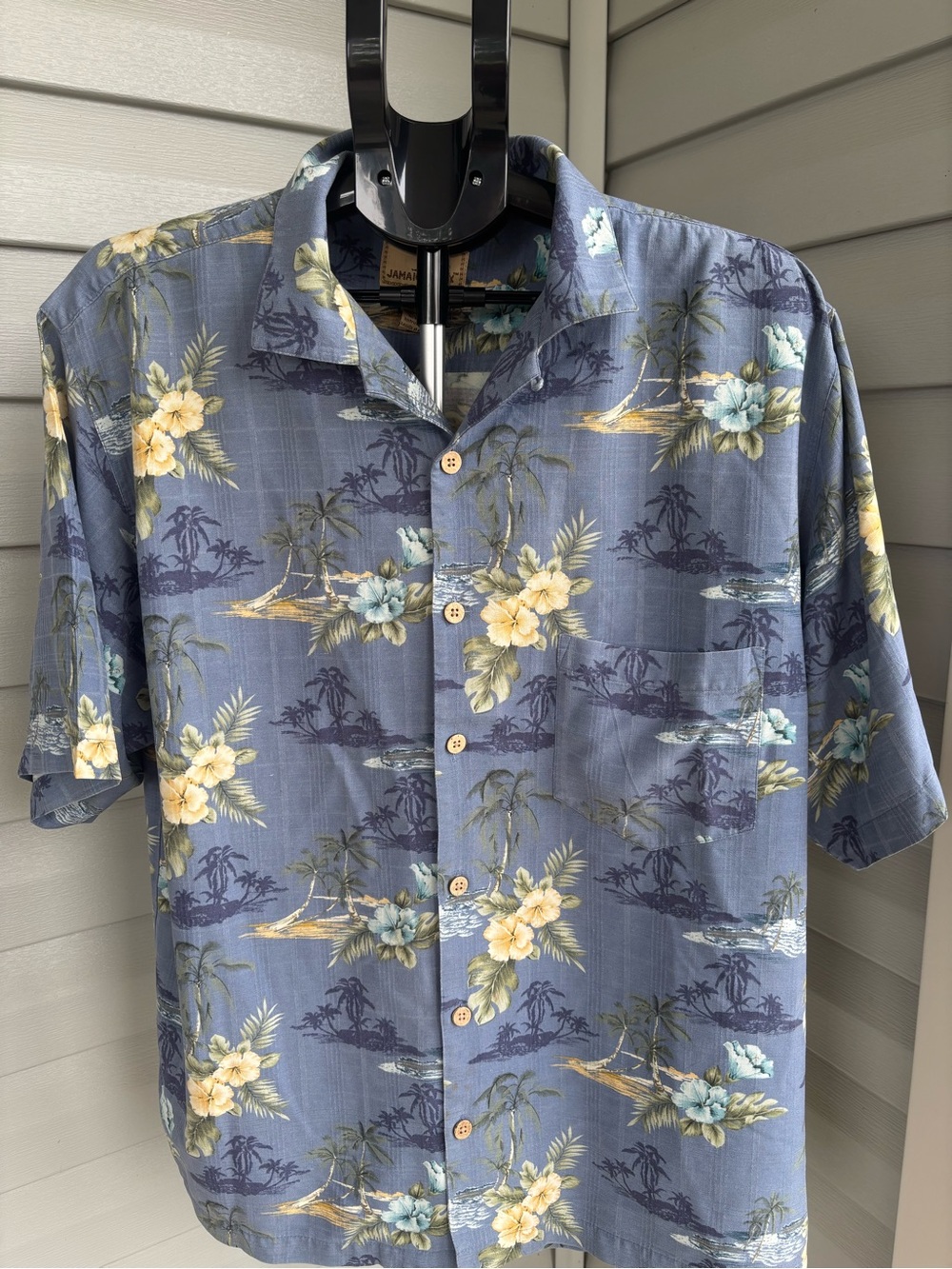 Jamaica Jaxx Men’s M 100% Silk Hawaiian Shirt Blue Hibiscus Palm Tropical - Picture 1 of 6